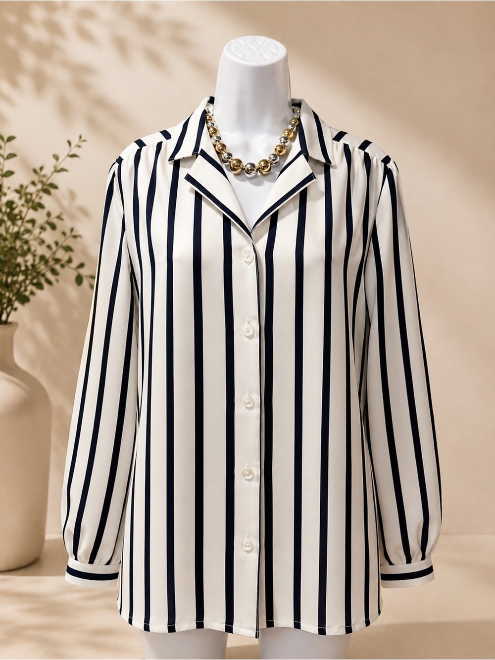 Striped Button-Front Blouse - Navy & White